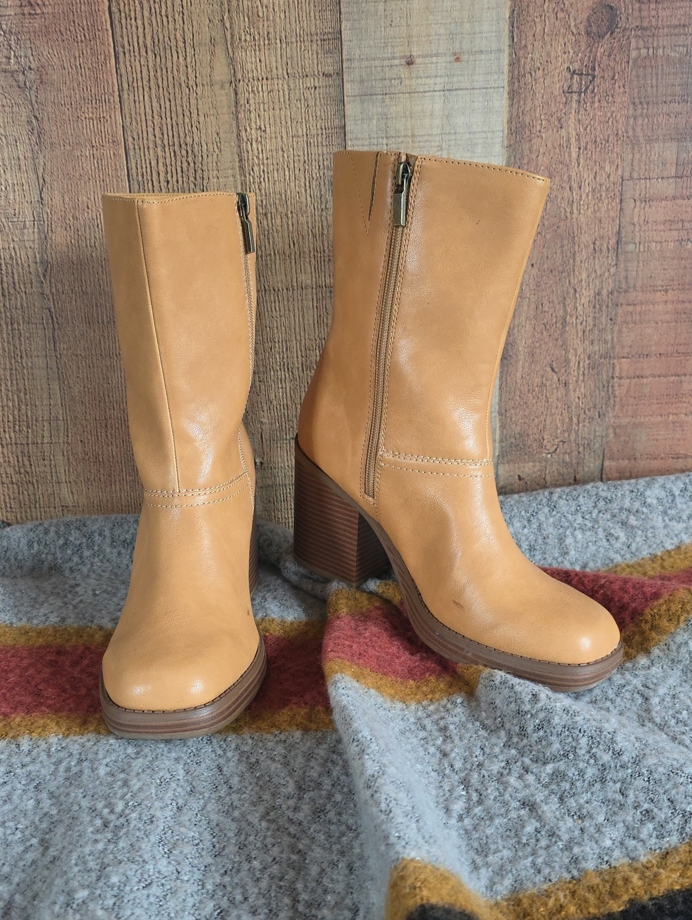Neutral Tan Mid-Calf Block Heel Boots with Side Zip